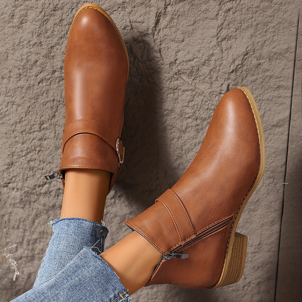 Women's Round Toe Chelsea Boots with Buckle Strap Detail