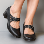 Women's Buckled Ankle Strap Leather Court Shoes - Black