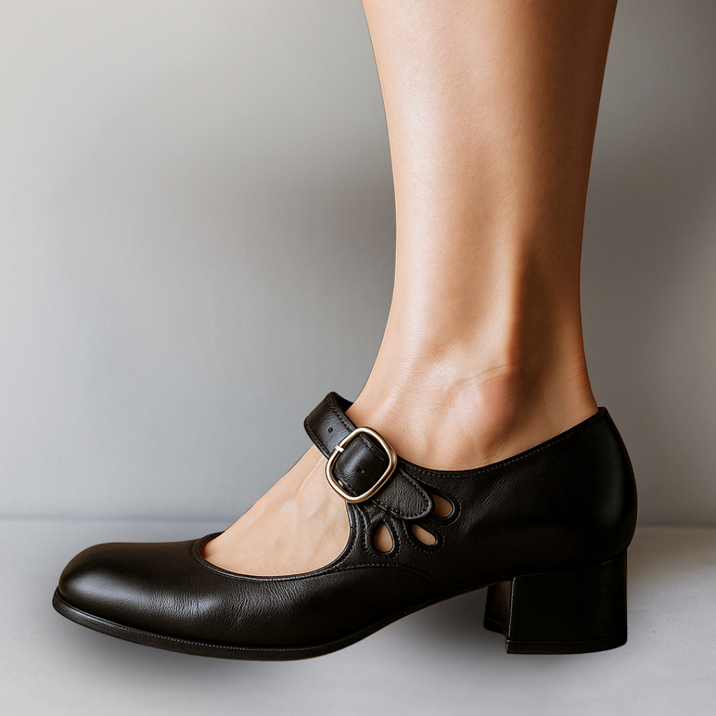 Women's Buckled Ankle Strap Leather Court Shoes