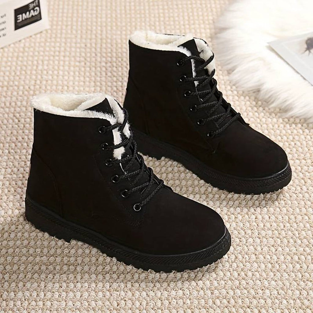 Women's Warm Fleece Collar Lace-Up Ankle Boots - Black