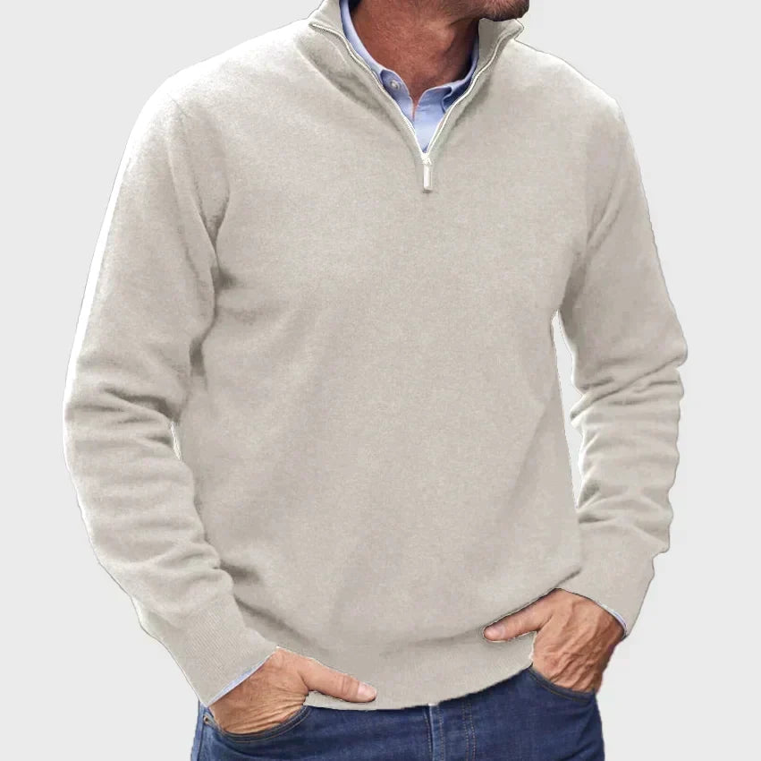 Men's High-Collar Quarter-Zip Knit Jumper for the Office – Light Grey