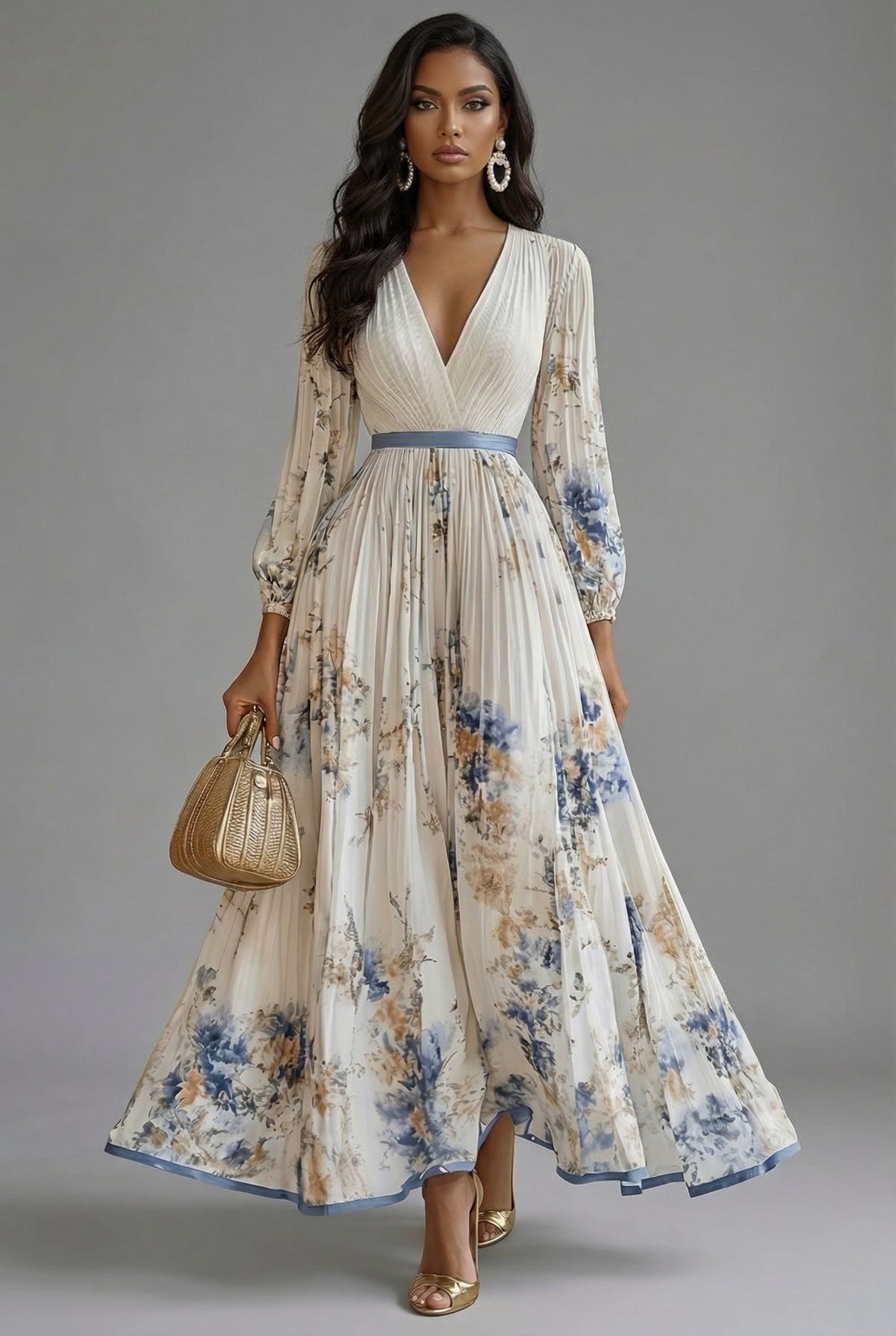 Women's Pleated Floral Maxi Dress with V-Neck and Long Sleeves – White