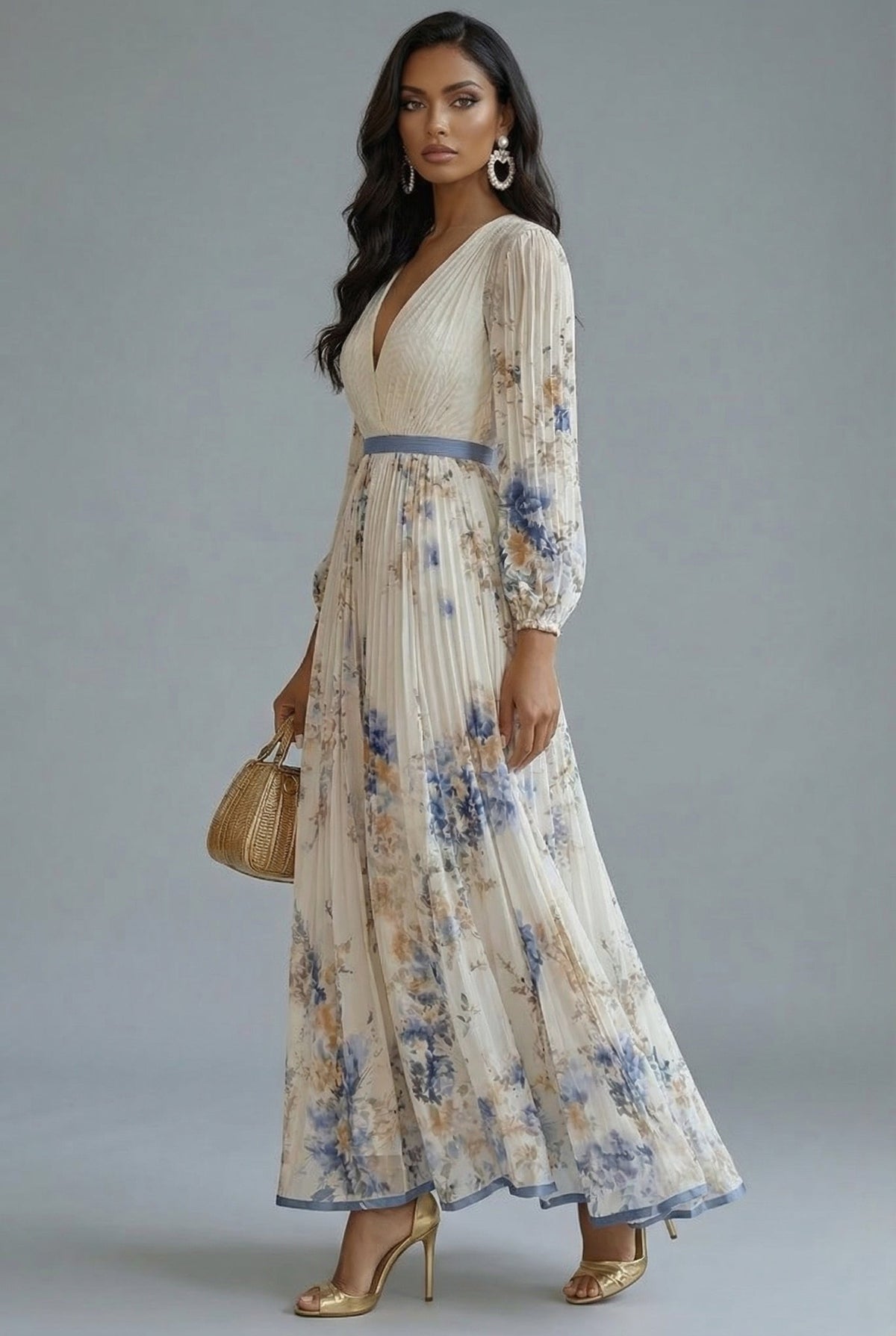 Women's Pleated Floral Maxi Dress with V-Neck and Long Sleeves