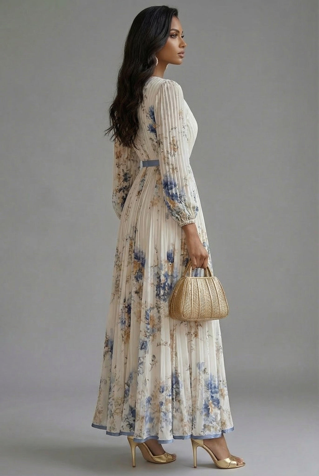 Women's Pleated Floral Maxi Dress with V-Neck and Long Sleeves