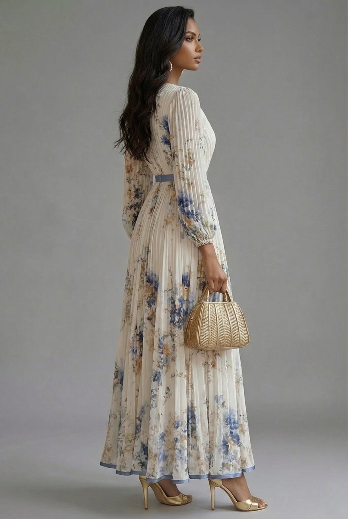 Women's Pleated Floral Maxi Dress with V-Neck and Long Sleeves