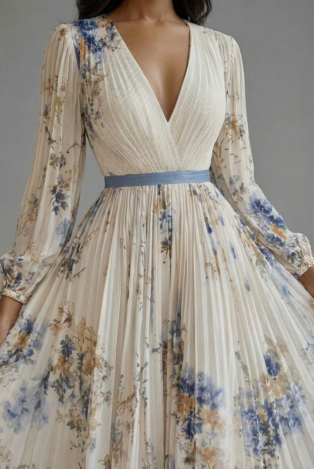 Women's Pleated Floral Maxi Dress with V-Neck and Long Sleeves