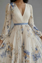 Women's Pleated Floral Maxi Dress with V-Neck and Long Sleeves