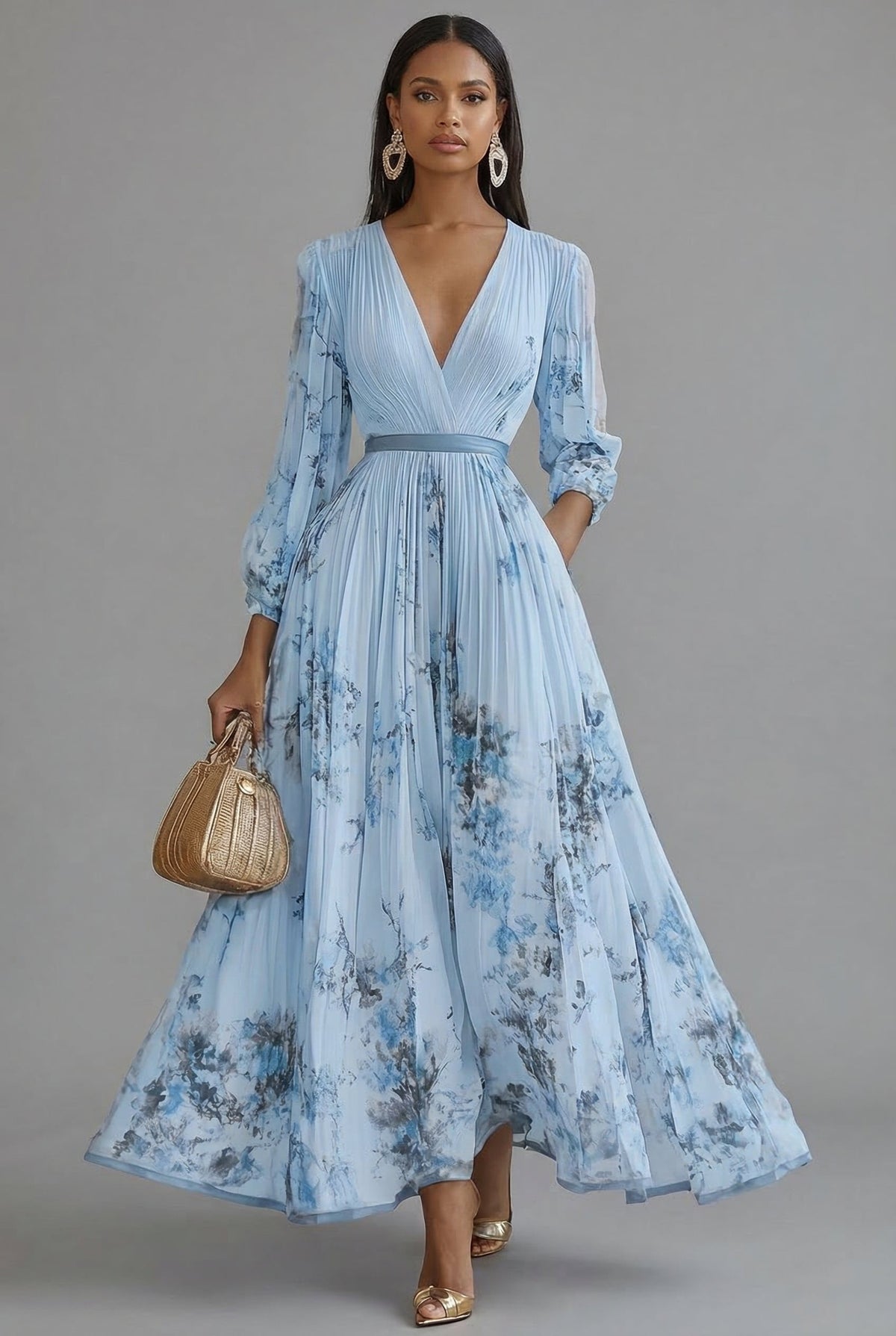 Women's Pleated Floral Maxi Dress with V-Neck and Long Sleeves – Blue