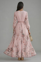 Women's Pleated Floral Maxi Dress with V-Neck and Long Sleeves