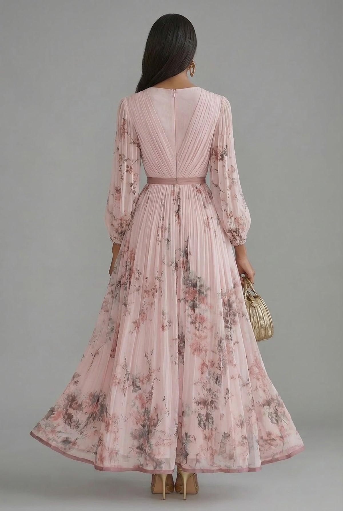 Women's Pleated Floral Maxi Dress with V-Neck and Long Sleeves
