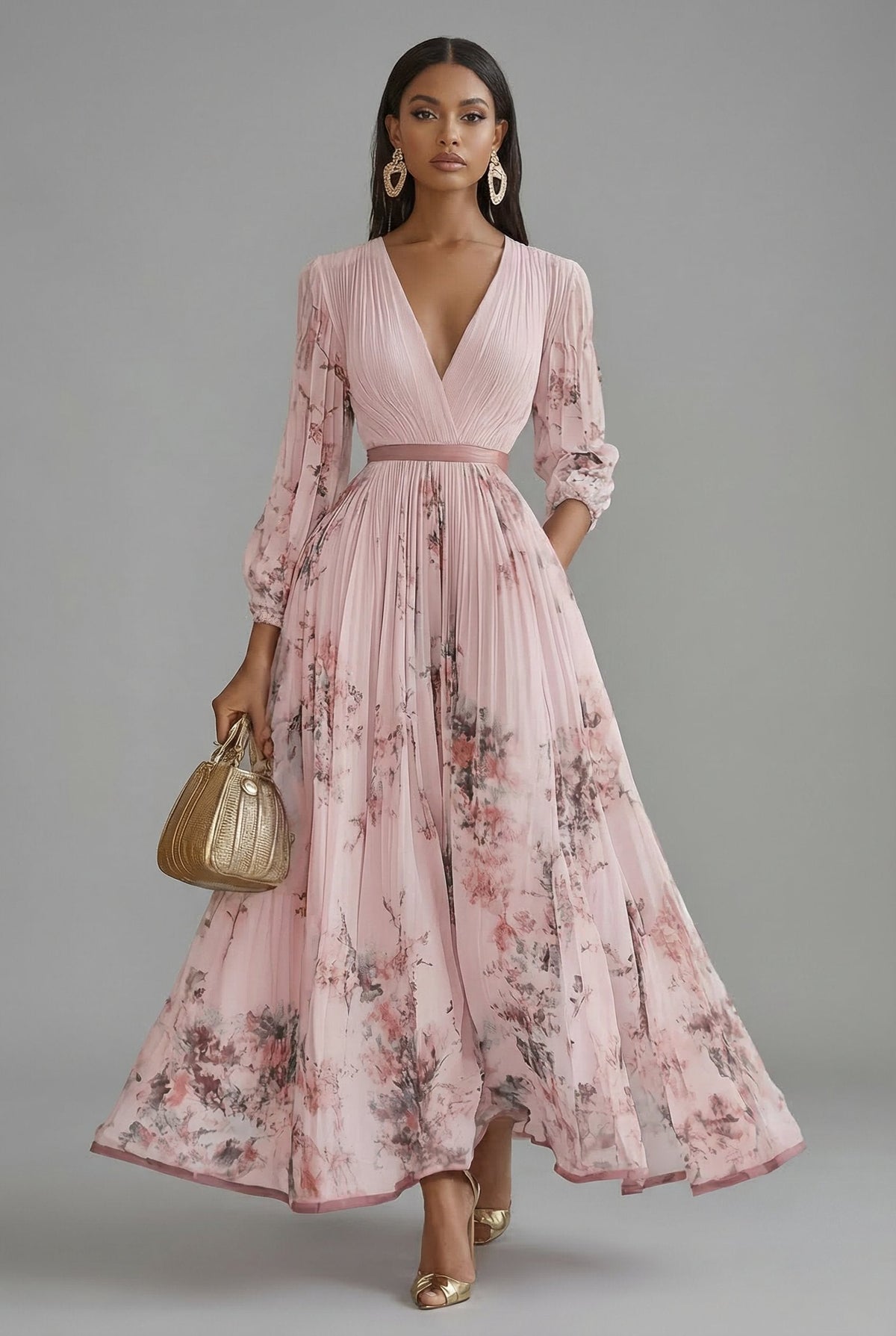 Women's Pleated Floral Maxi Dress with V-Neck and Long Sleeves – Pink