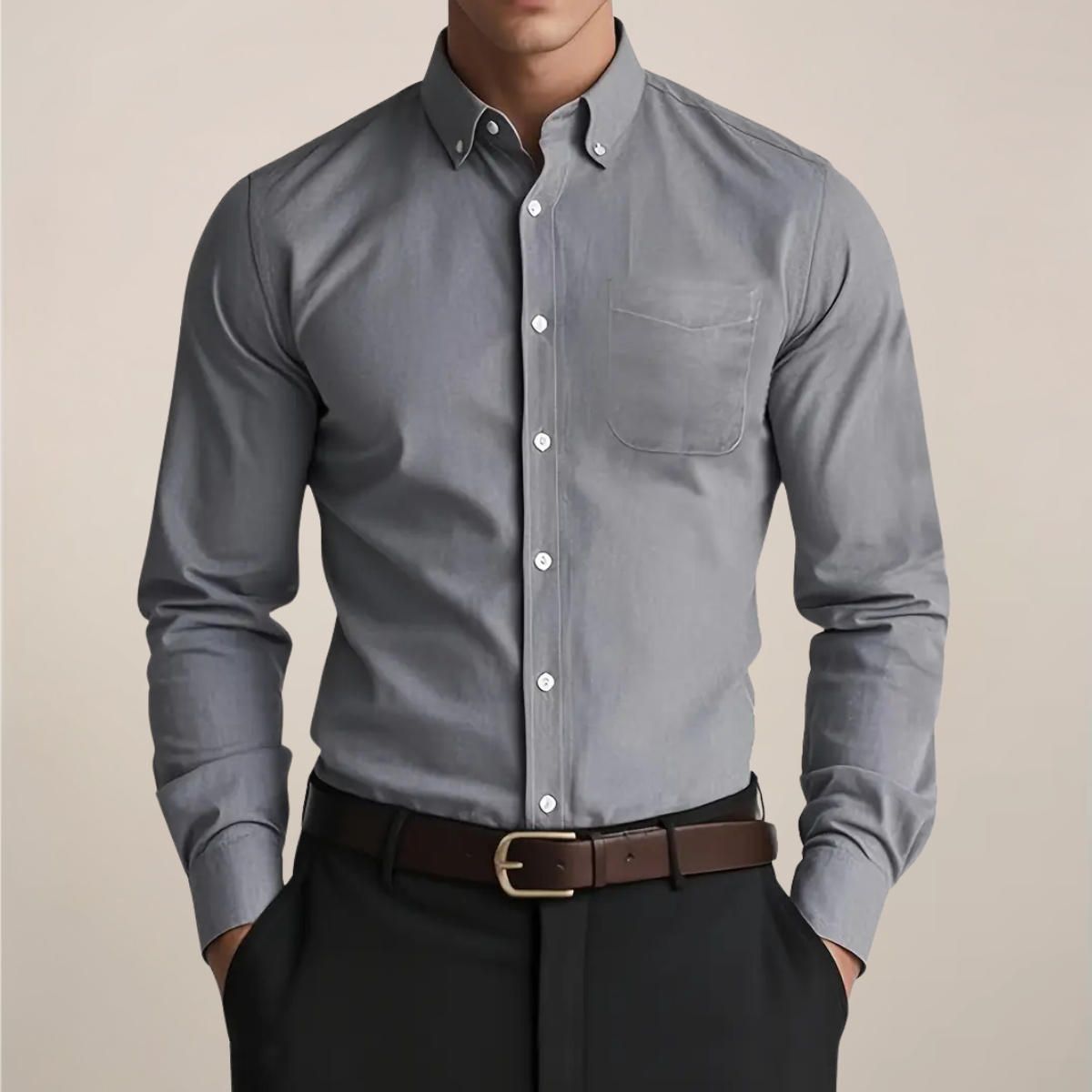 Men's Slim Long Sleeve Shirt with Button-Down Collar – Grey
