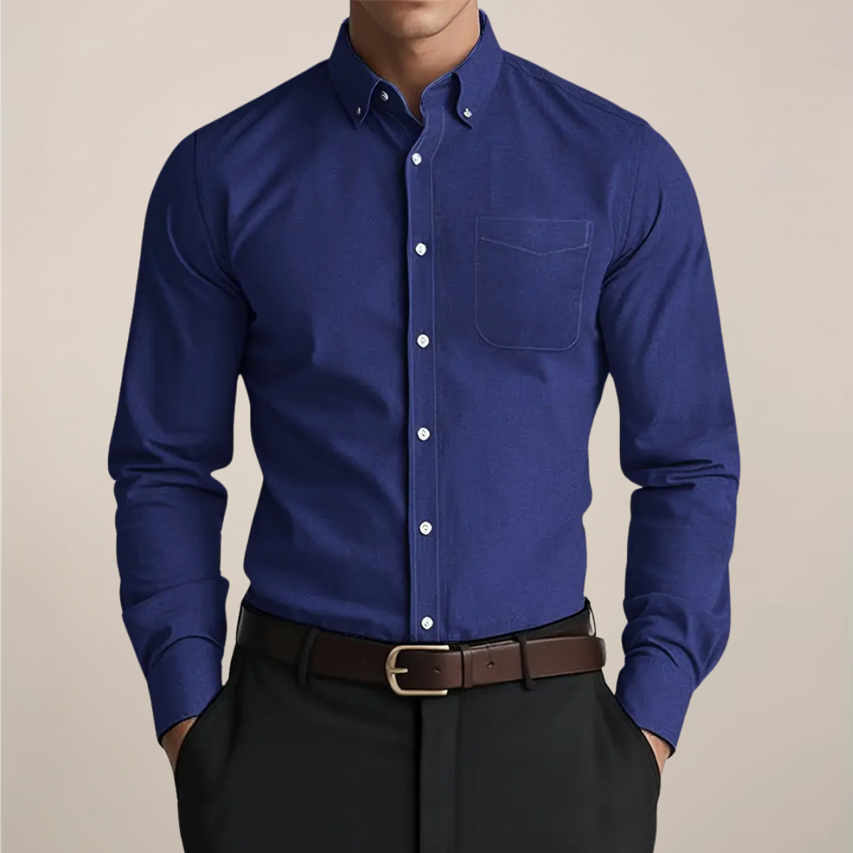 Men's Slim Long Sleeve Shirt with Button-Down Collar – Navy Blue