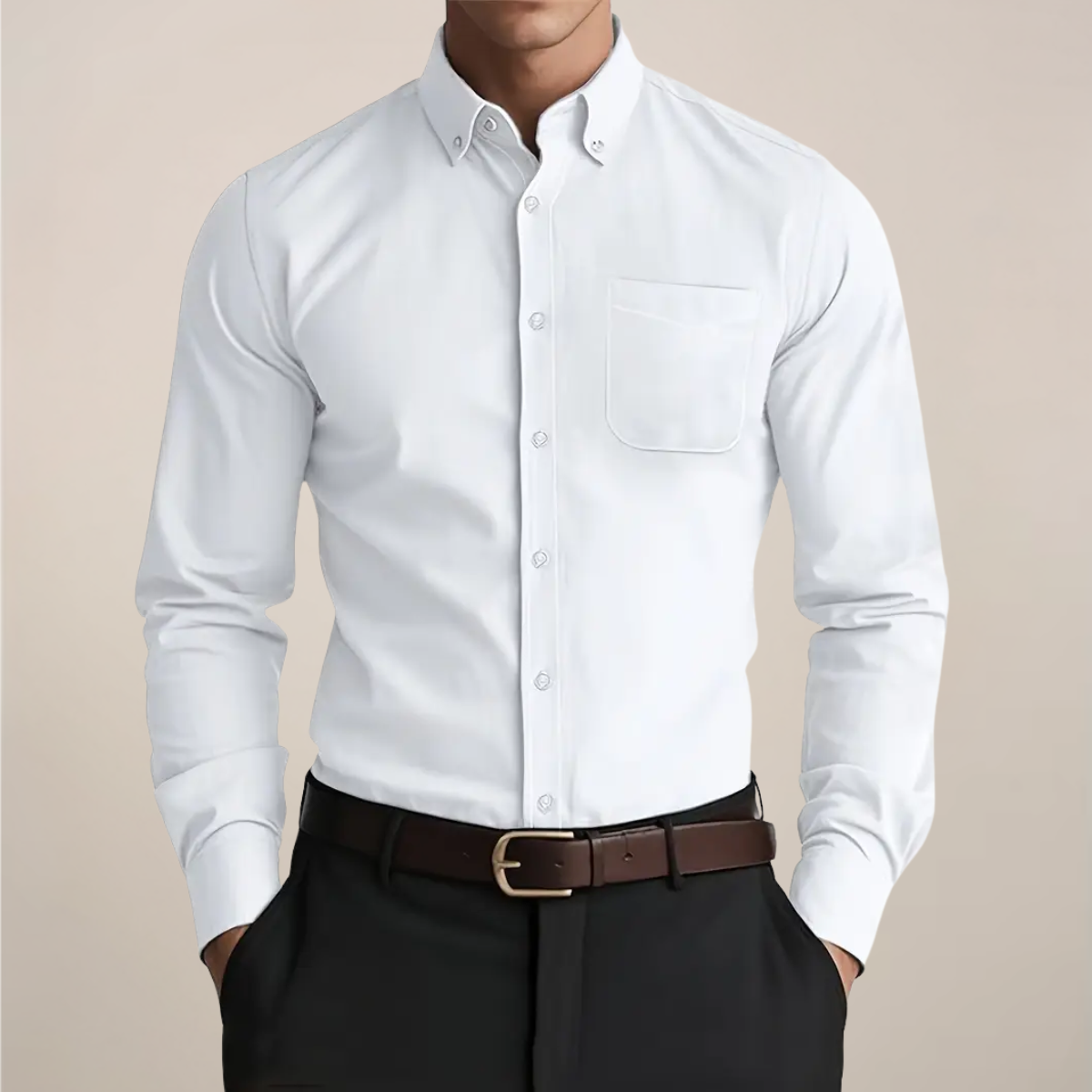 Men's Slim Long Sleeve Shirt with Button-Down Collar – White