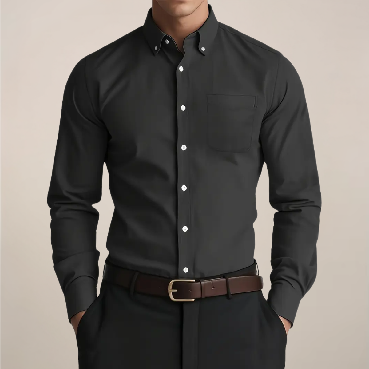 Men's Slim Long Sleeve Shirt with Button-Down Collar – Black