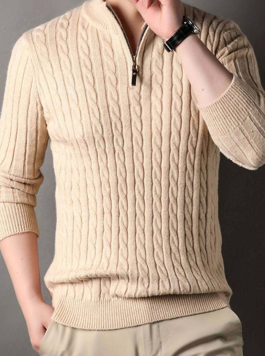 Men's Zip-Neck Cable-Knit Winter Jumper - Apricot