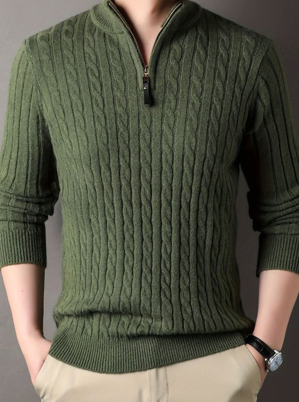 Men's Zip-Neck Cable-Knit Winter Jumper