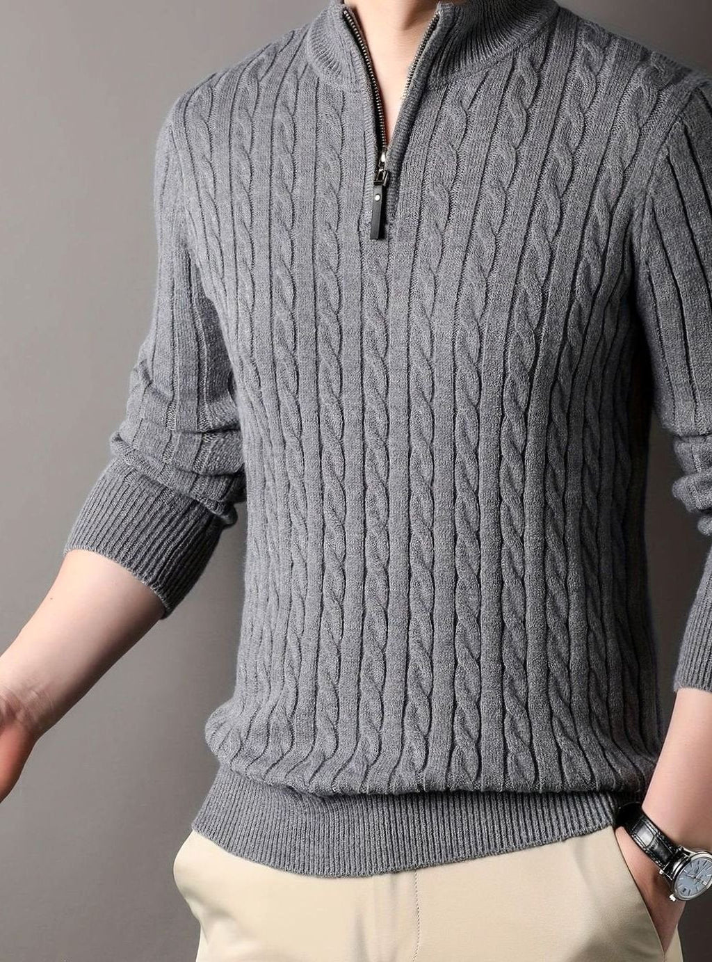 Men's Zip-Neck Cable-Knit Winter Jumper