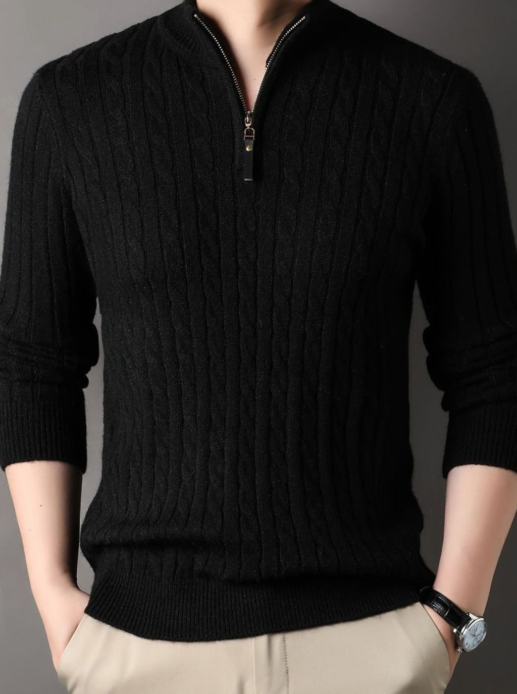 Men's Zip-Neck Cable-Knit Winter Jumper