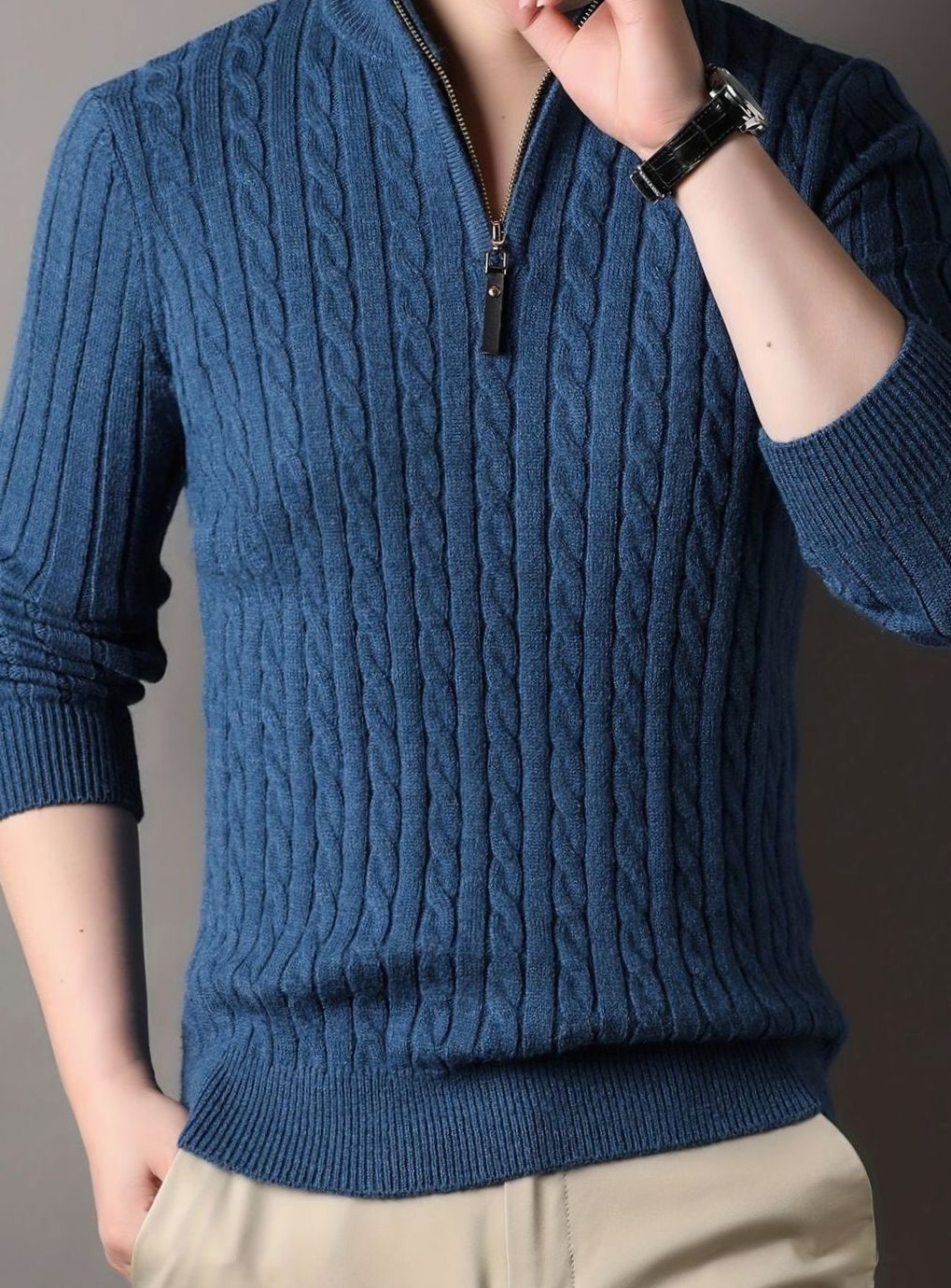 Men's Zip-Neck Cable-Knit Winter Jumper