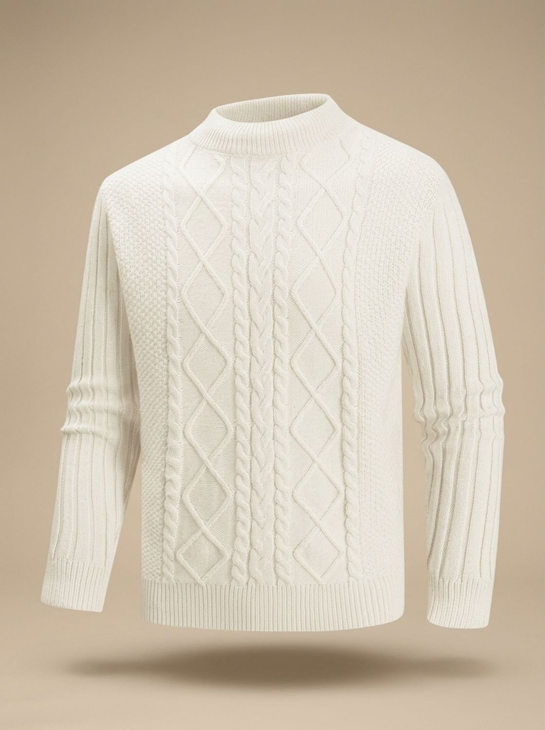 Men's Regular-Fit Mock Neck Jumper with Cable Front - Ecru