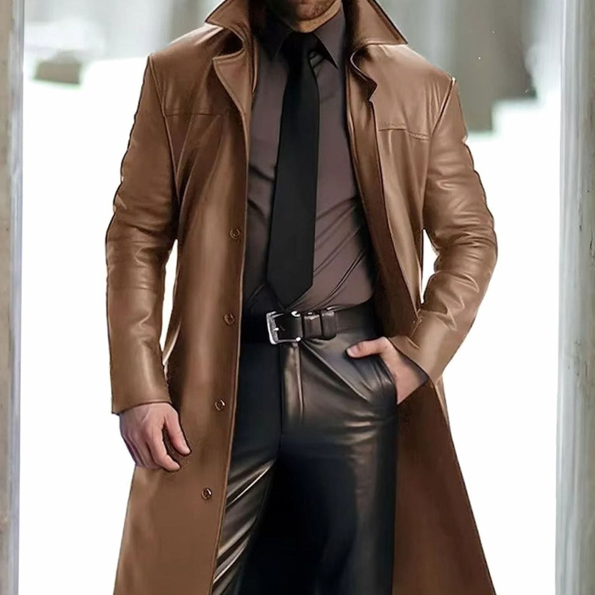 Men's Floor-Length Faux Leather Coat with Notch Lapel – Khaki