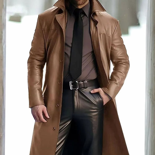 Men's Floor-Length Faux Leather Coat with Notch Lapel – Khaki
