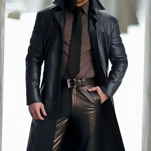 Men's Floor-Length Faux Leather Coat with Notch Lapel – Black