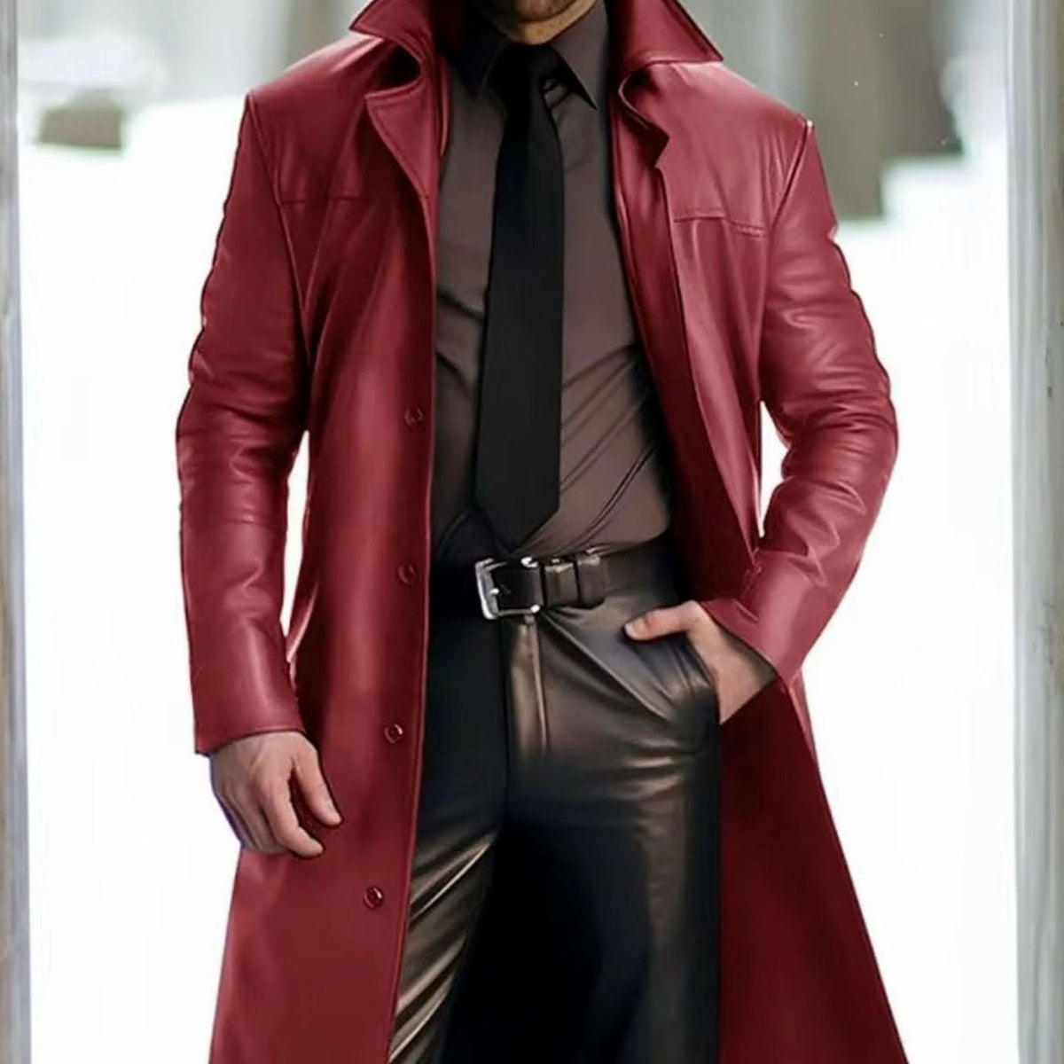 Men's Floor-Length Faux Leather Coat with Notch Lapel – Red