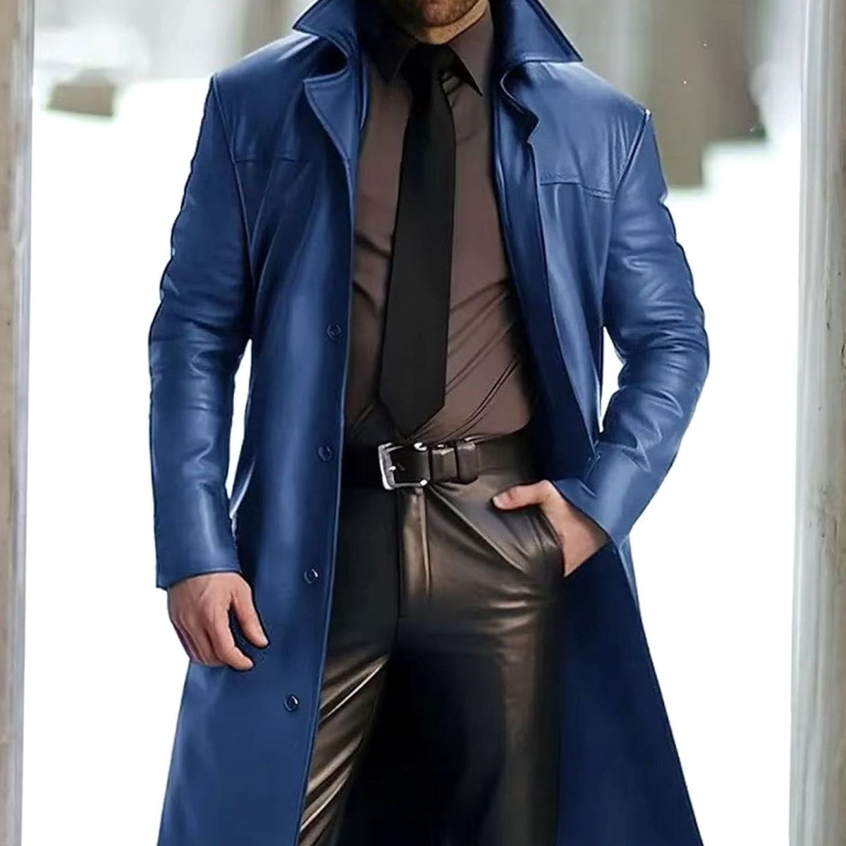 Men's Floor-Length Faux Leather Coat with Notch Lapel – Blue