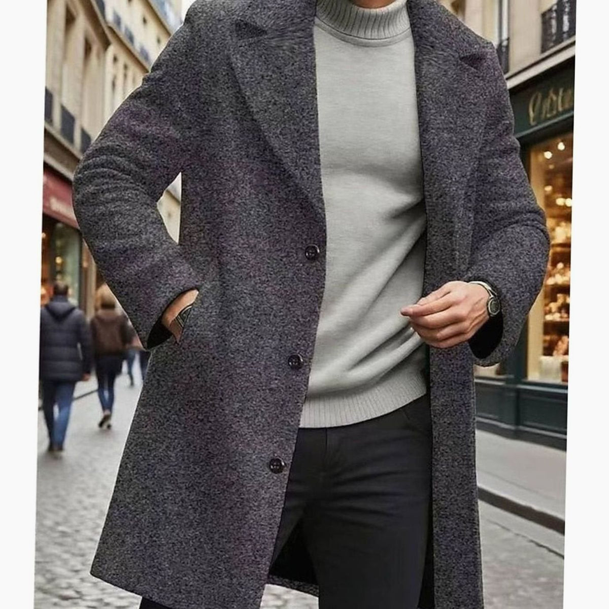 Men's Longline Single-Breasted Wool Coat with Deep Pockets - Dark Grey