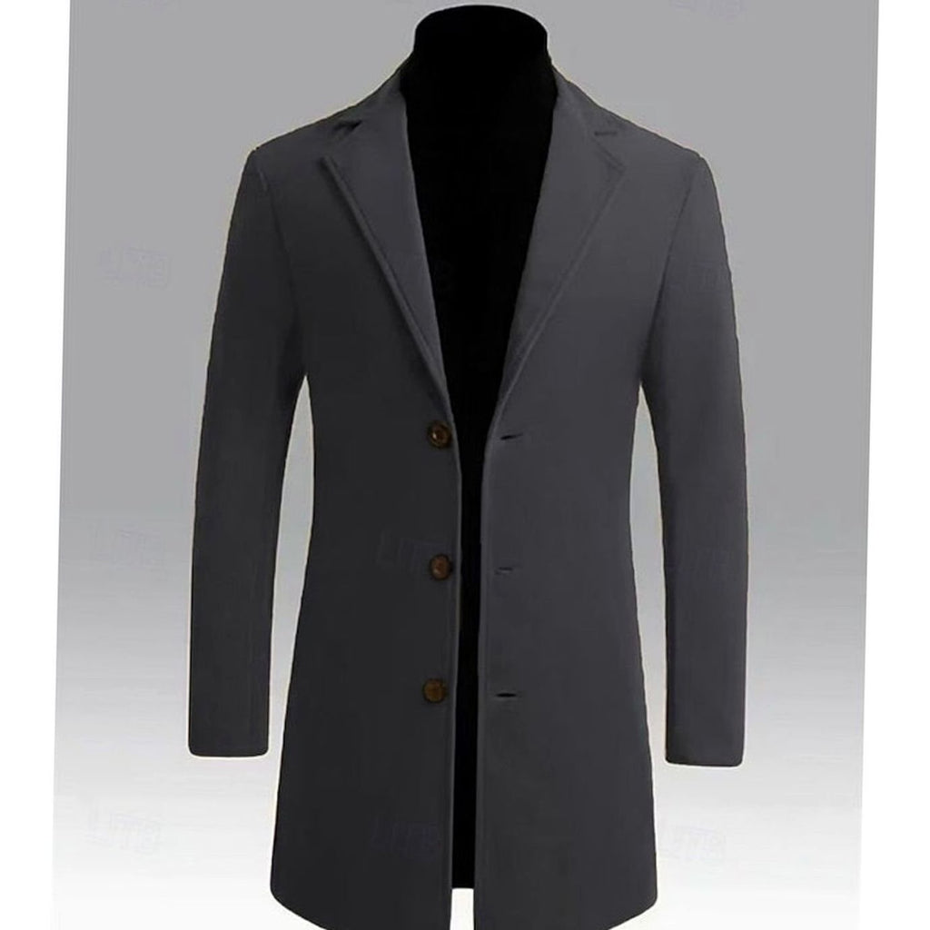Men's Longline Single-Breasted Wool Coat with Deep Pockets