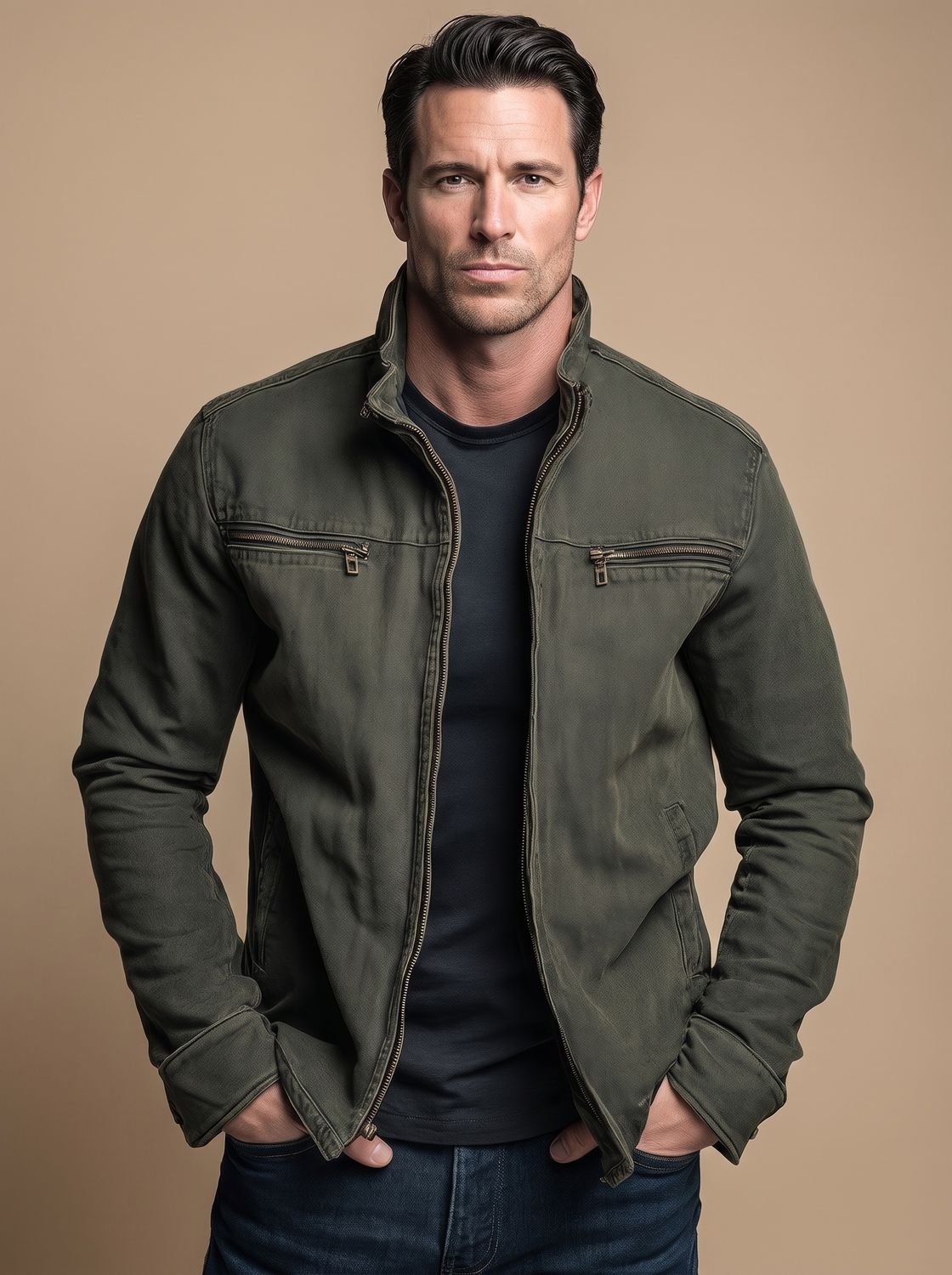 Men's Pure Cotton Zip-Front Field Jacket - Army Green
