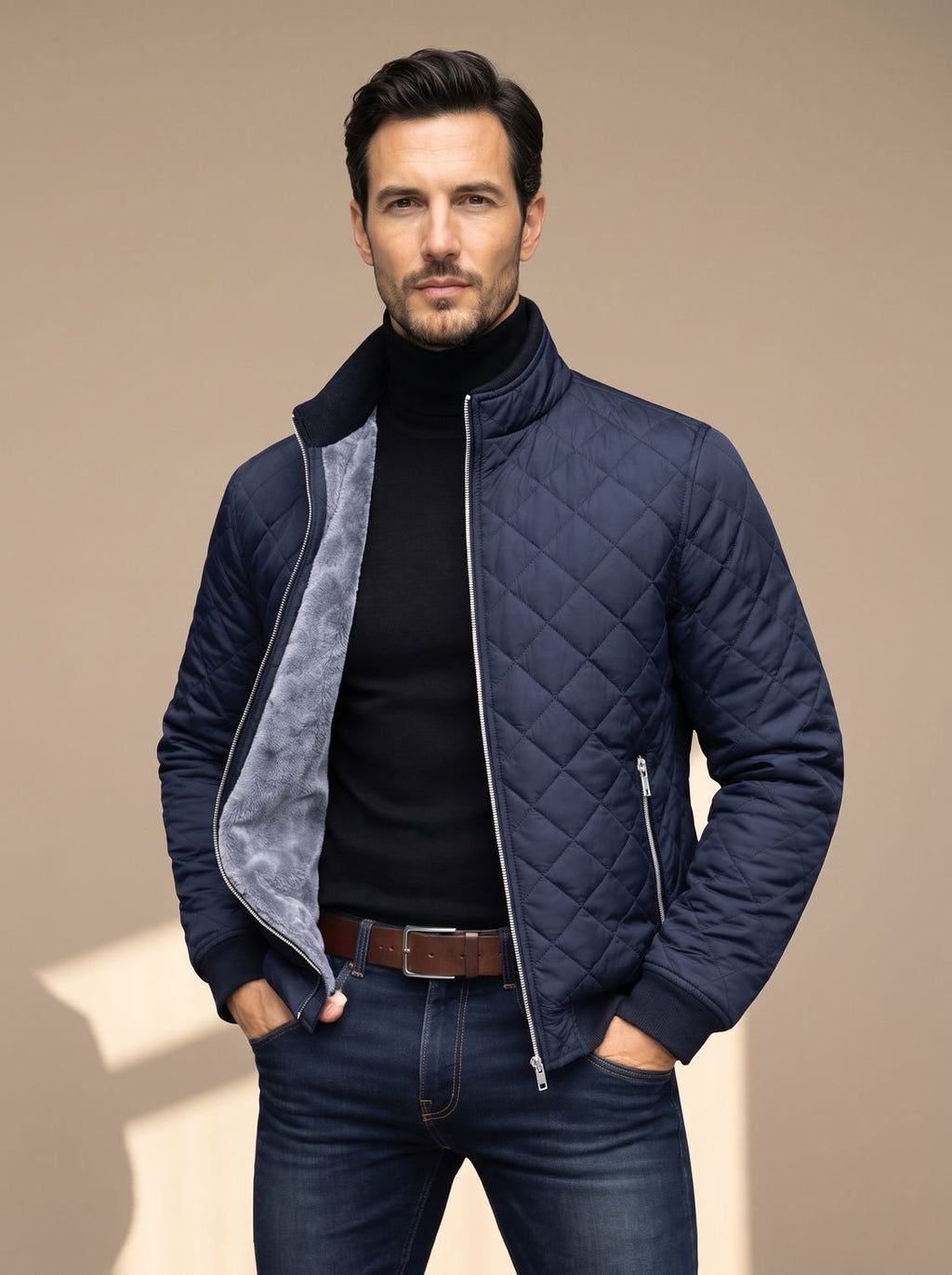 Men's Brushed Fleece Lined Diamond Quilt Zip Jacket - Navy Blue
