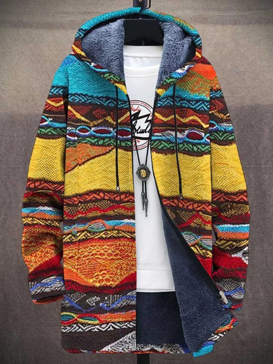 Men's Fleece-Lined Zip-Up Hooded Knit Cardigan – Retro Multicolor