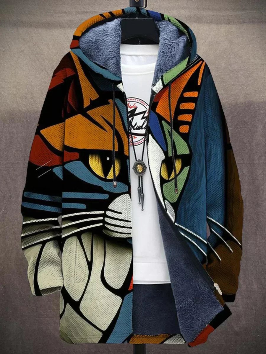 Men's Fleece-Lined Zip-Up Hooded Knit Cardigan – Cat Print Multicolor
