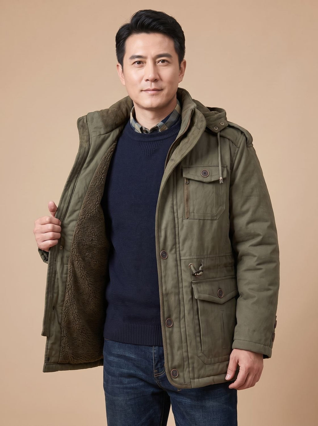 Men's Detachable Hood Cargo-Pocket Field Parka