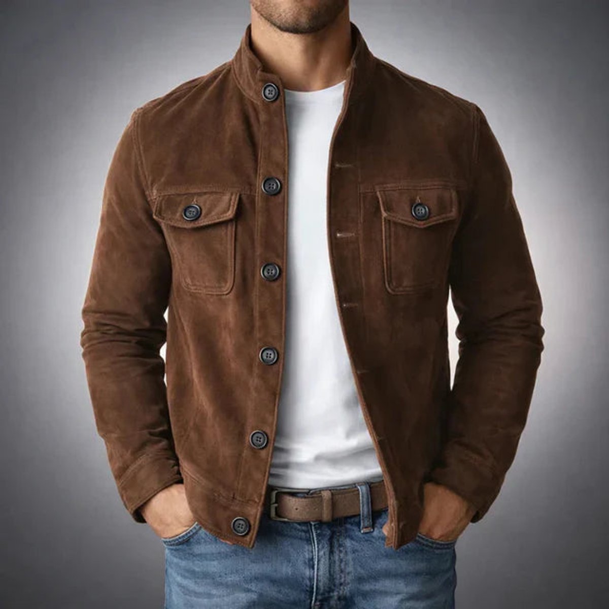Men's Italian Suede Jacket with Flap Chest Pockets – Dark Brown