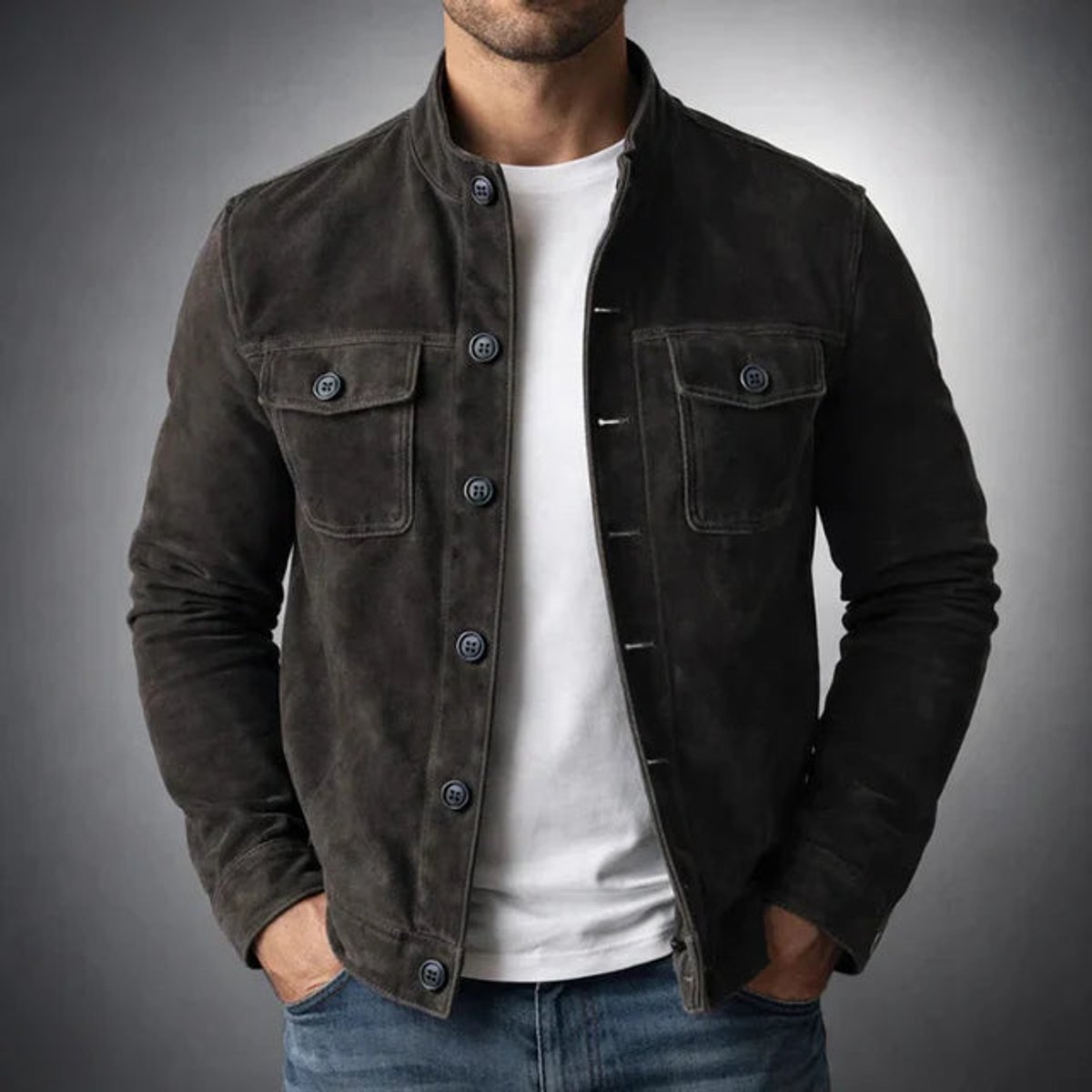 Men's Italian Suede Jacket with Flap Chest Pockets – Black