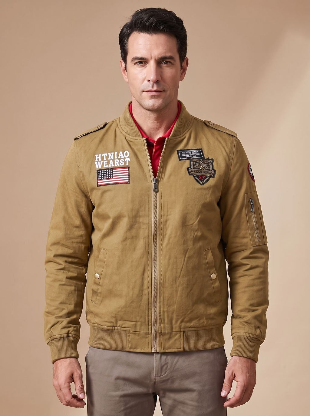 Men's Embroidered Badge Flight Jacket with Epaulettes - Dark Khaki