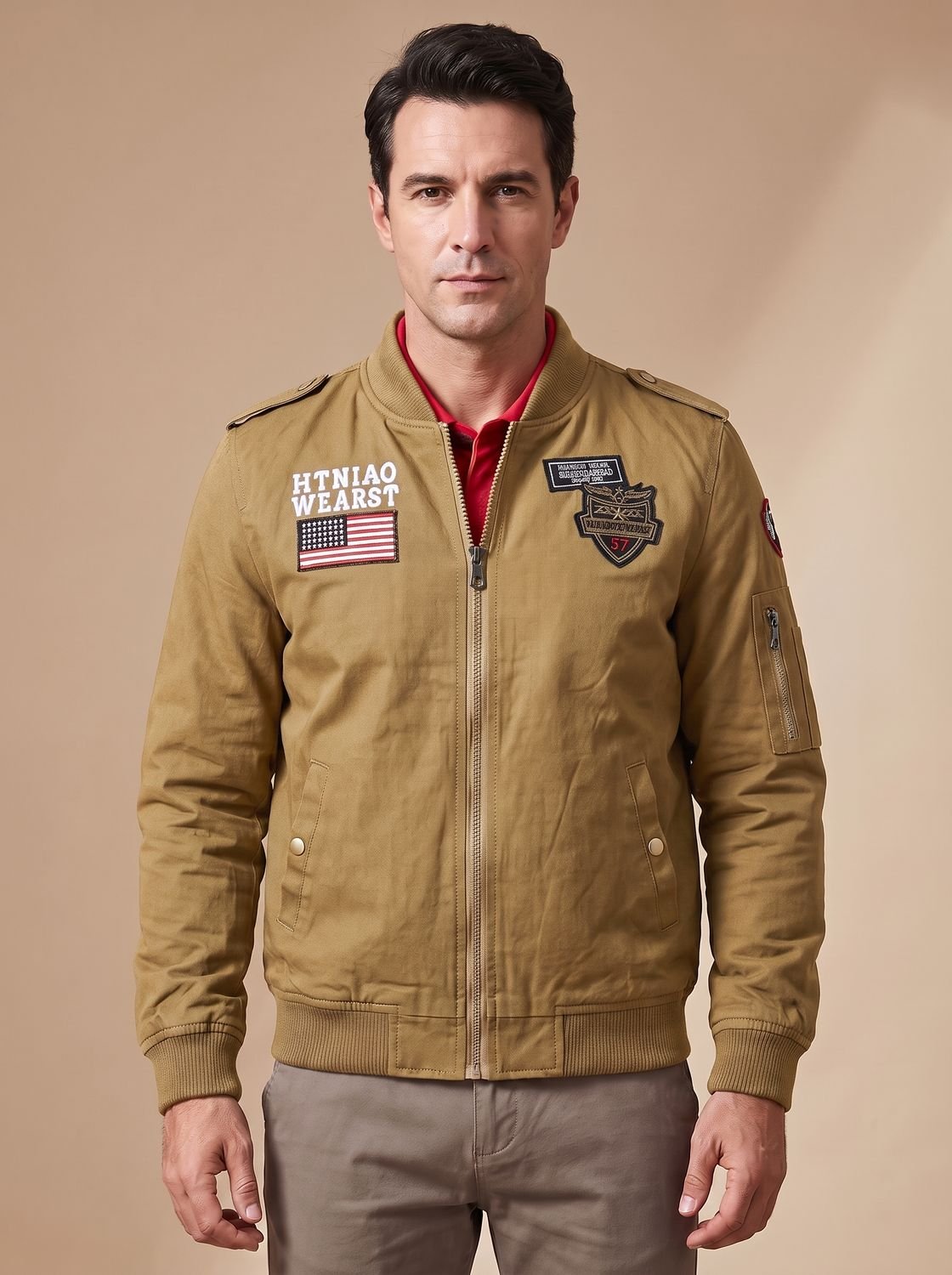 Men's Embroidered Badge Flight Jacket with Epaulettes - Dark Khaki