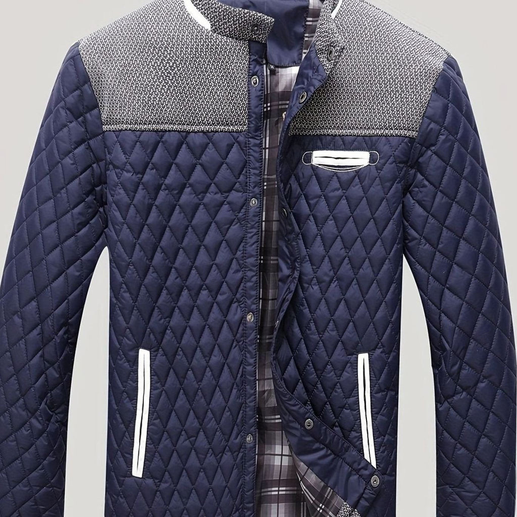 Men's Knit-Shoulder Diamond Quilt Jacket with Plaid Lining - Navy