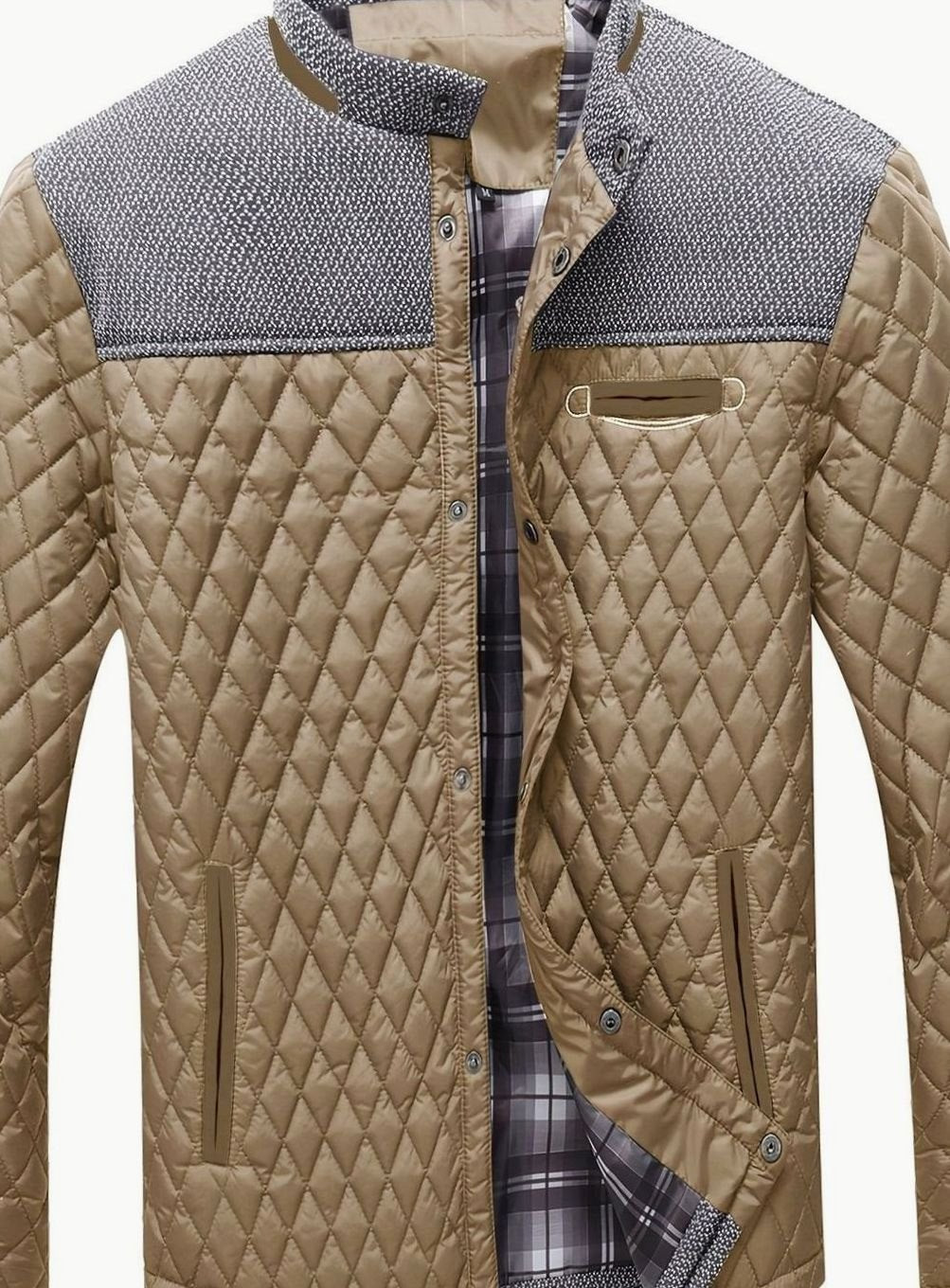 Men's Knit-Shoulder Diamond Quilt Jacket with Plaid Lining