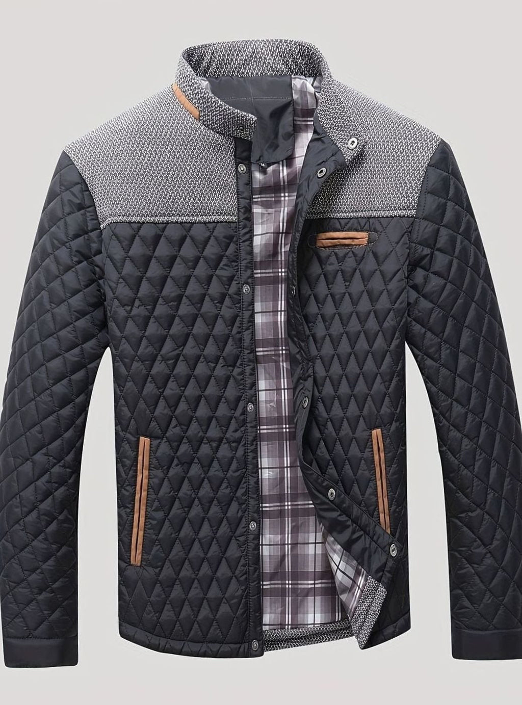 Men's Knit-Shoulder Diamond Quilt Jacket with Plaid Lining