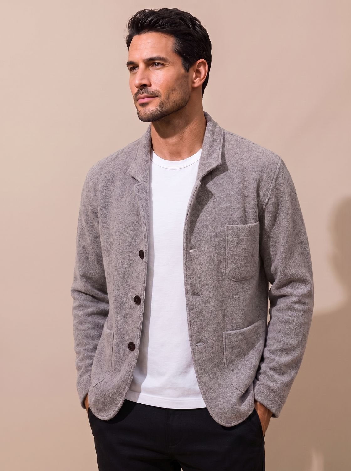Men's Tailored Knit Blazer with Tonal Buttons - Grey