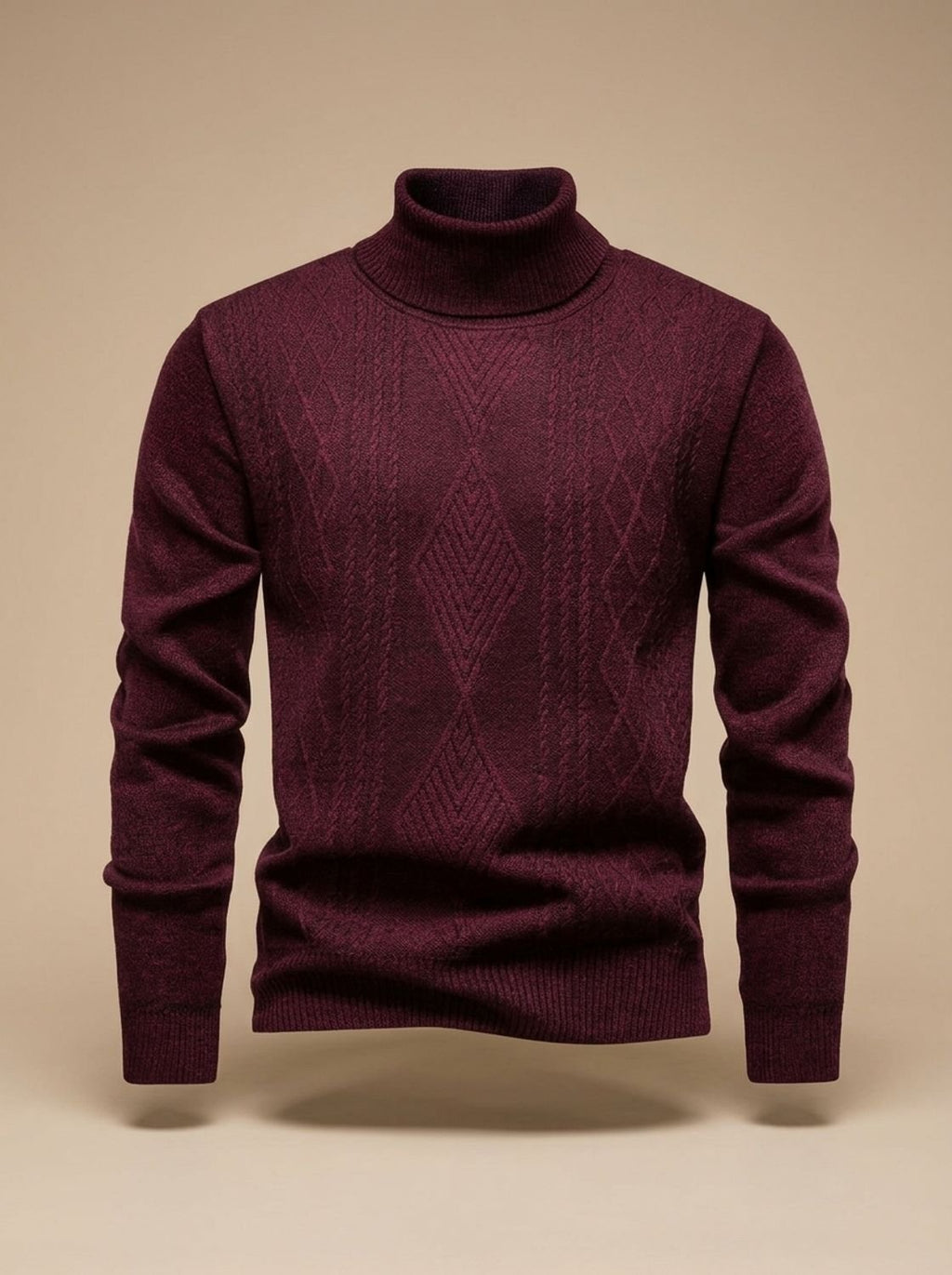 Men's Argyle Cable-Knit Roll Neck Jumper - Burgundy