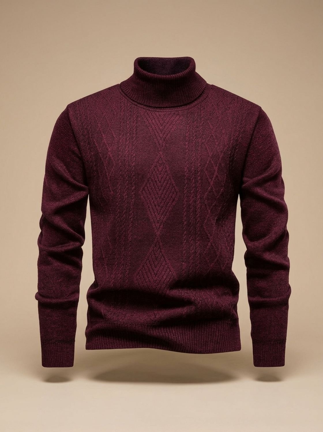 Men's Argyle Cable-Knit Roll Neck Jumper - Burgundy