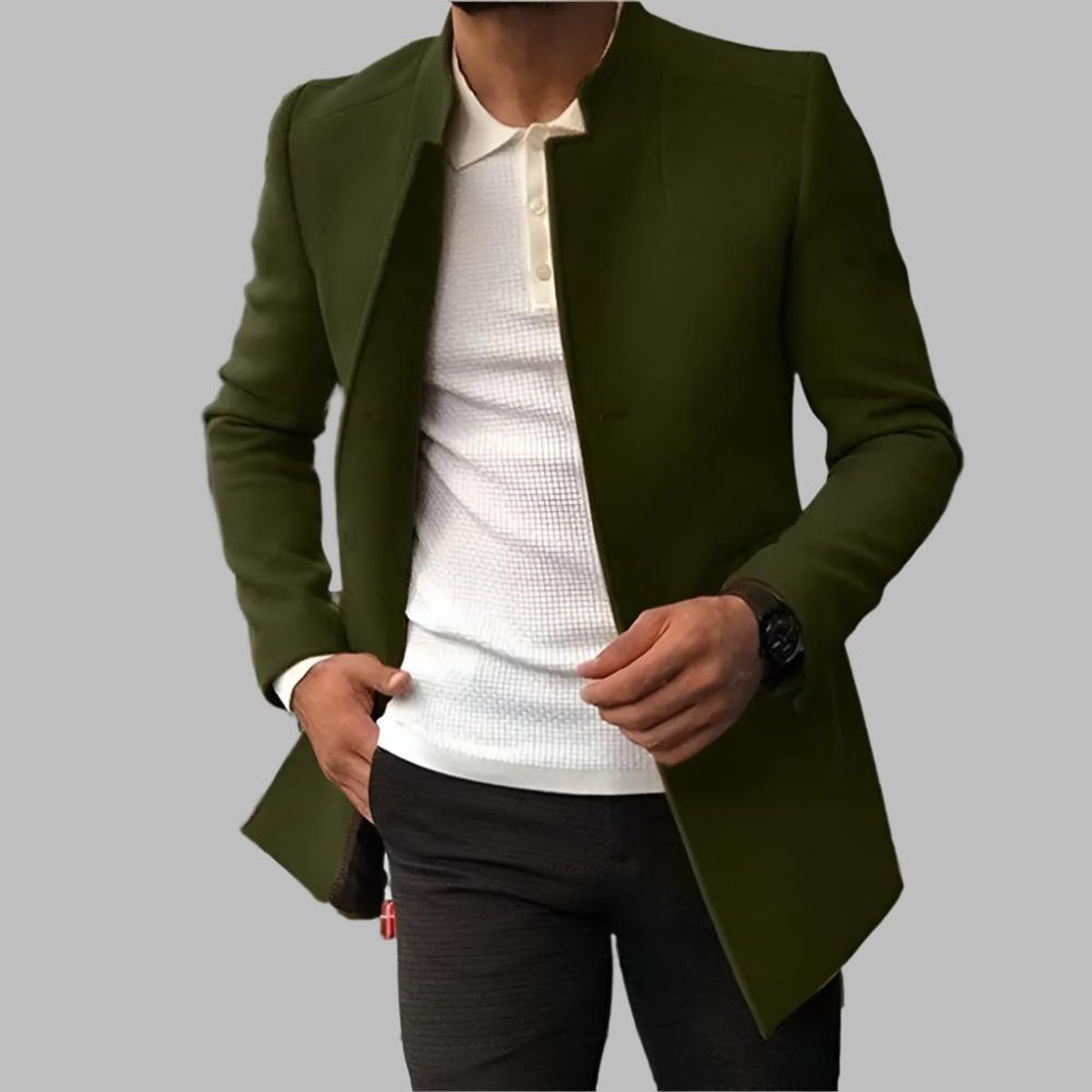Men's Slim Collarless Wool Coat with Open Front – Green