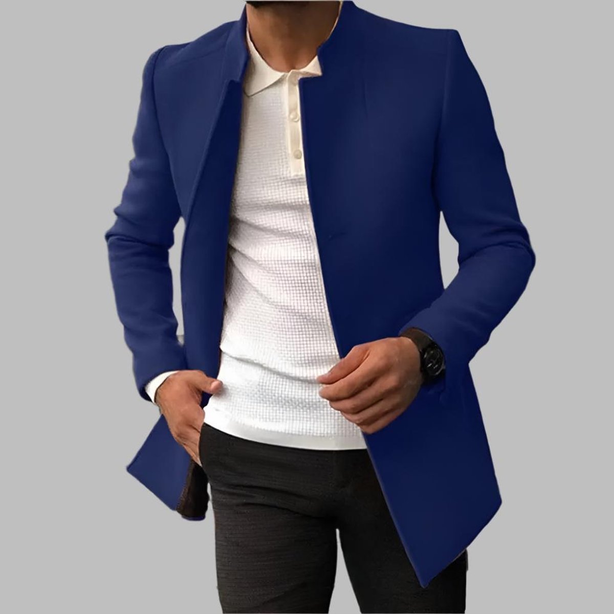 Men's Slim Collarless Wool Coat with Open Front – Blue
