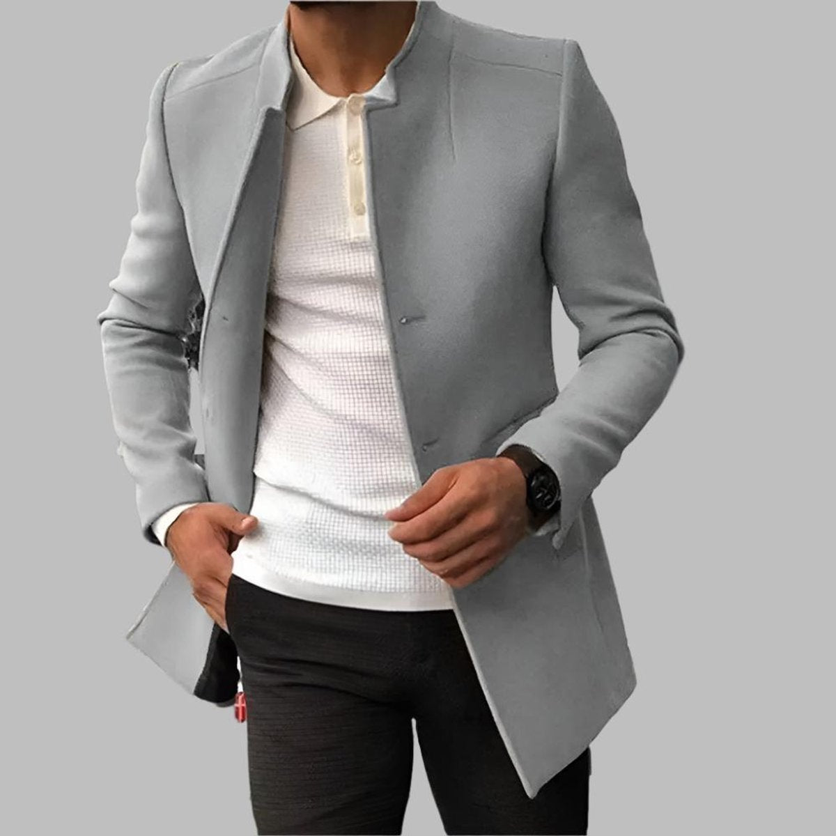 Men's Slim Collarless Wool Coat with Open Front – Gray